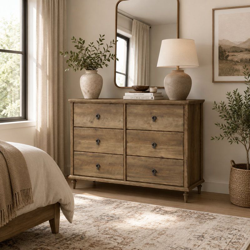 Aleana 46.2" W Traditional Brown 6-Drawer Double Dresser with Solid Wood Tapered Legs, Knotty Oak