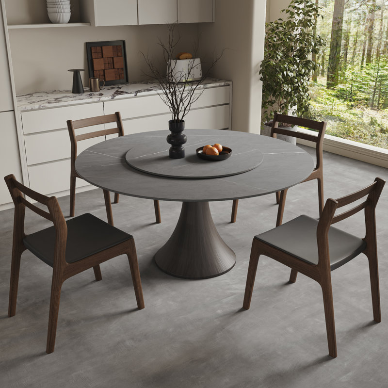 Farmhouse Glossy Sintered Stone Round Dining Table With Removable Lazy Susan Solid Wood Pedestal Base, Gray