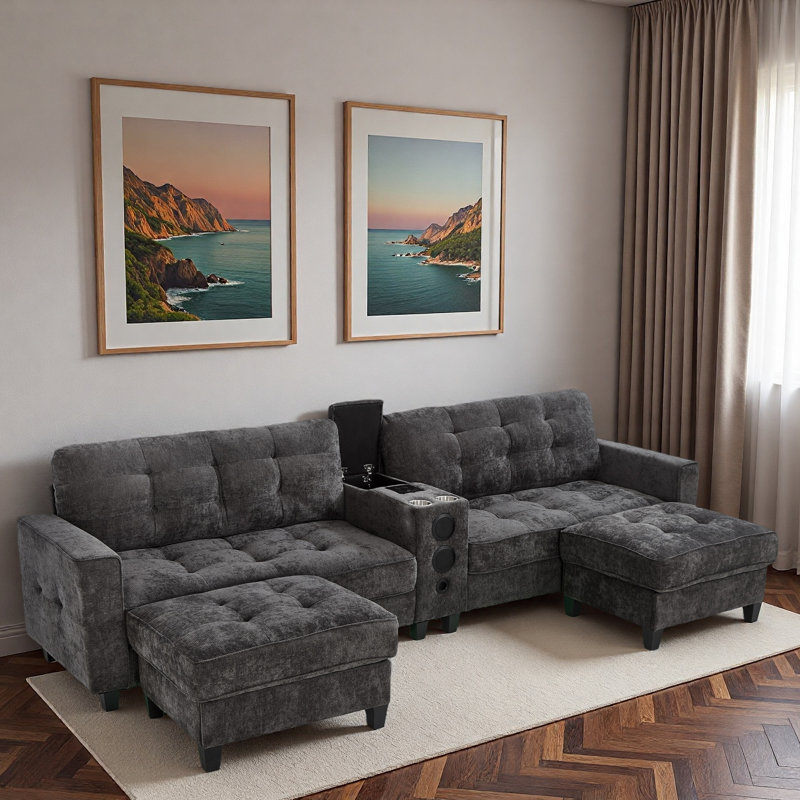 Modern U-shaped Sectional With Movable Storage Ottomans, Multifunctional Console, Bluetooth Speakers And Led Lights