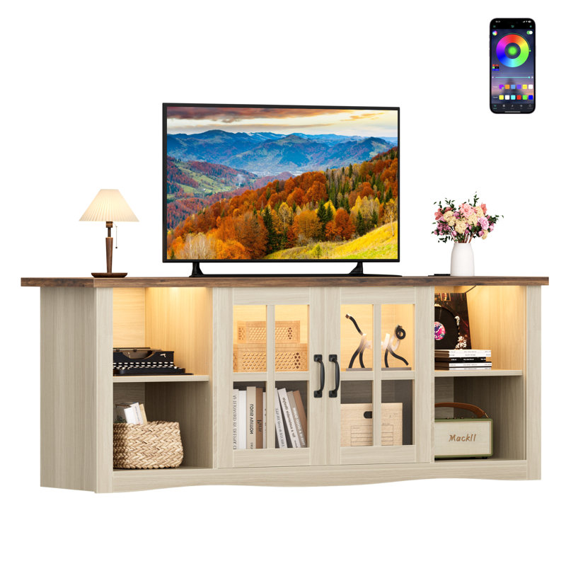 Rustic Farmhouse 58" Tv Stand For Tvs Up To 65", Solid Wood Entertainment Center With Glass Doors, Adjustable Storage, Built-In Charging Hub & Smart Led Lighting