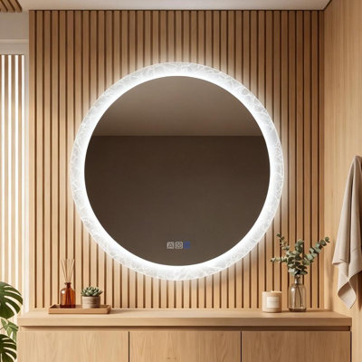 Miroir de salle de bain rond 91 x 91 cm avec éclairage DEL rétroéclairé 3 couleurs, luminosité réglable, antibuée, fonction mémoire, verre trempé argenté, fixation murale