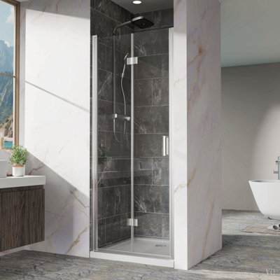 Porte de douche pivotante, 76 cm (L) x 183 cm (H), porte de douche pliante sans cadre, verre trempé transparent de 6 mm, quincaillerie, installation réversible