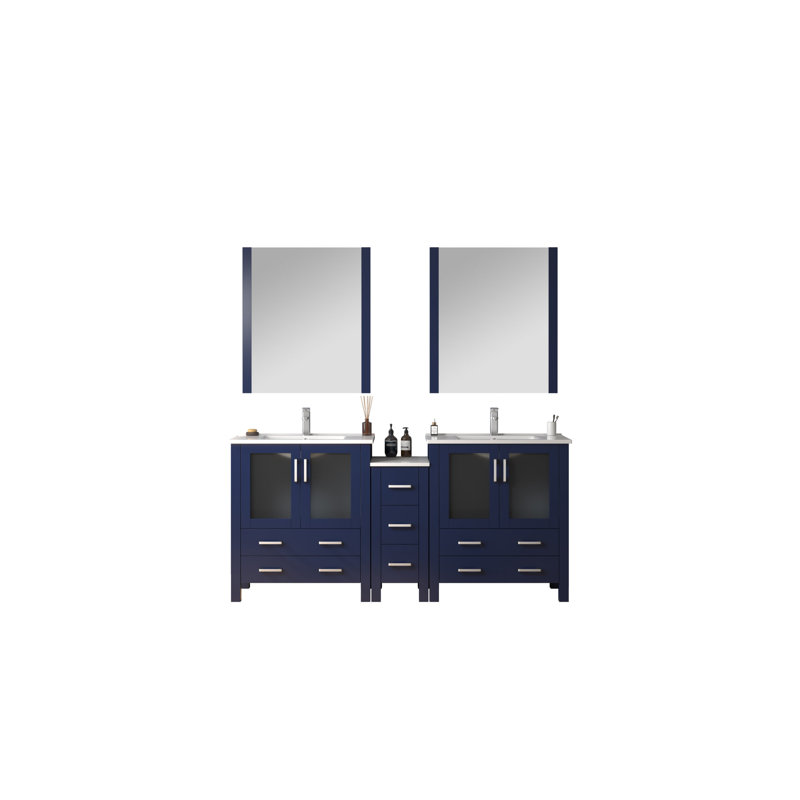 Meuble-lavabo double l 72 po x P 18,25 po avec armoire latérale, dessus en céramique blanche et miroirs 28 po Volez, Marine