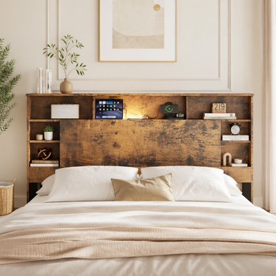 Base de lit en bois avec tête de rangement, station de charge et lumières DEL