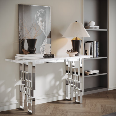 Silver Console Table, 55" Rectangle Grey Sintered Stone Sofa Table With Geometric Base, Modern Entryway Table For Home, Office