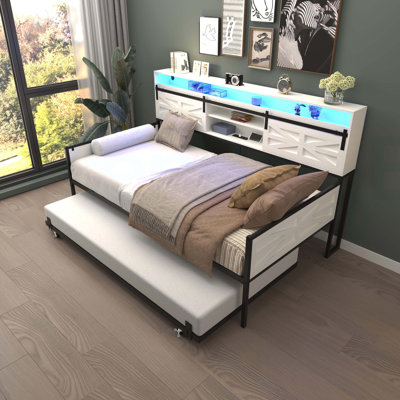 Twin Daybed with Trundle, Farmhouse Daybed Frame with Sliding Barn Door Headboard and Charging Station & LED Light for Bedroom and Guest Room, White