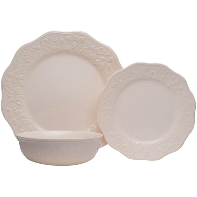Elegant White Ceramic Floral Round Dinnerware Set, Service for 6