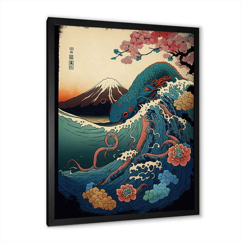 Paysage japonais avec lézard - photographie sur toile, H 32 po x l 16 po x P 1 po, Impression noire sur toile encadrée