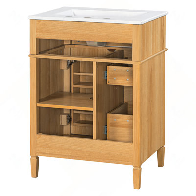 Meuble-lavabo 24 po avec lavabo, meuble-lavabo en bois avec tiroir rabattable, 2 tiroirs à fermeture en douceur, 1 porte à fermeture en douceur, bois massif et panneau de fibres à densité moyenne, poignées en bois élégantes