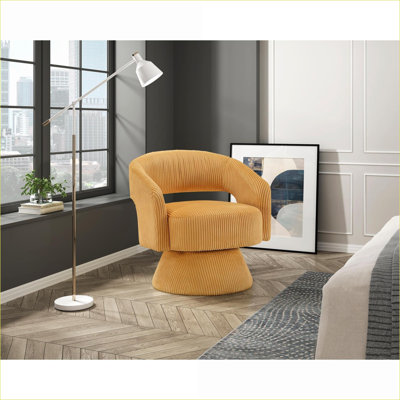 Fauteuil pivotant jaune moutarde, revêtement en velours côtelé moelleux, structure en bois massif, siège moderne pour adultes, mobilier de salon