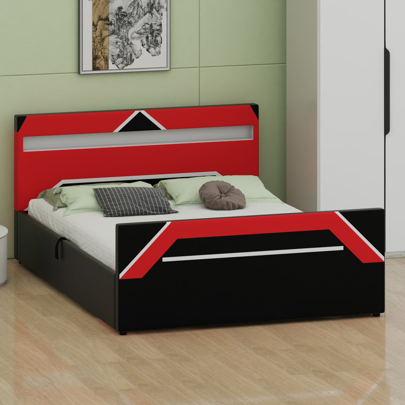 Lit de jeu de style Cyberpunk avec éclairage à DEL intégré, lit plateforme avec rangement à levage hydraulique, Black+Red