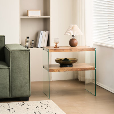 Small Brown End Table In Walnut And Tempered Glass, Suitable For Living Room Events, Holds Snacks Books, Safe Ideal , Picnic, Decor Snacks, Smooth