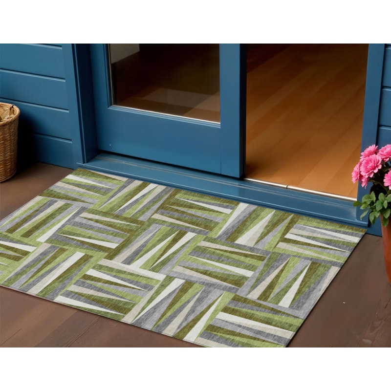 3' X 5' Green Gray And Ivory Geometric Washable Indoor Outdoor Area Rug