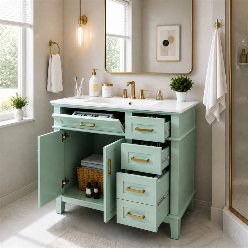 Meuble-lavabo autoportant moderne avec lavabo en céramique et tiroirs de rangement à fermeture en douceur pour l'organisation