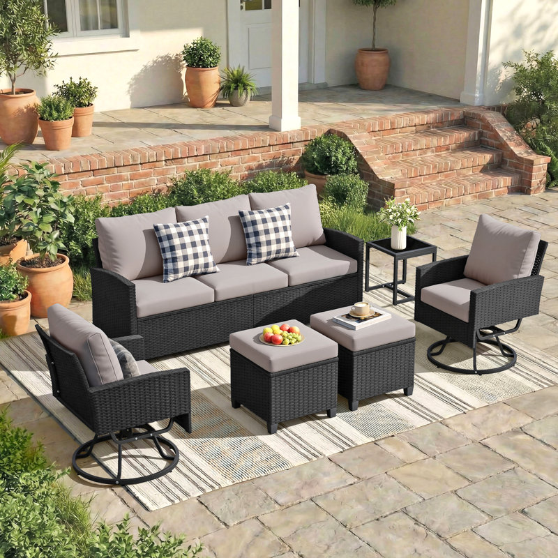 Ensemble de conversation pour patio en osier 6 pièces avec canapés 3 places, chaises berçantes pivotantes et repose-pieds, arrière-cour, porche, bord de piscine