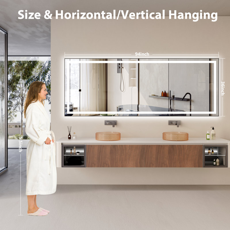 Miroir de salle de bain / meuble-lavabo en verre trempé avec DEL, 36 po x 95 po