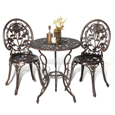Bistro Table And Chairs Set Of 2 Outdoor 3 Piece Patio Set, Rose Pattern Cast Aluminum Bistro For Garden Balcony, Durable Rust All-weather Resistance, Rose Bronze