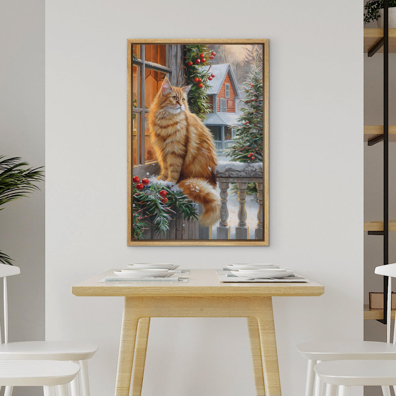 Scène d'hiver douillette avec un chat orange moelleux près d'une fenêtre de porche décorée, art moderne chaleureux