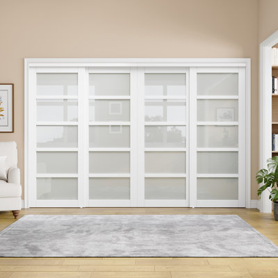 120"x 80" White Primer 5-Lite Frosted Glass Sliding Door with Hardware Kit for Closet and Room Divider No Assembly Required Can be changed in color For Closet,Pantry,Living room
