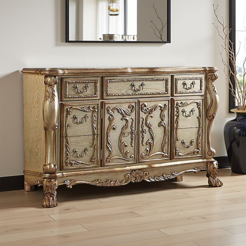 Wooden Dresser with Multiple Drawers and One Cabinet, Gold & Bone White, Gold / Bone White