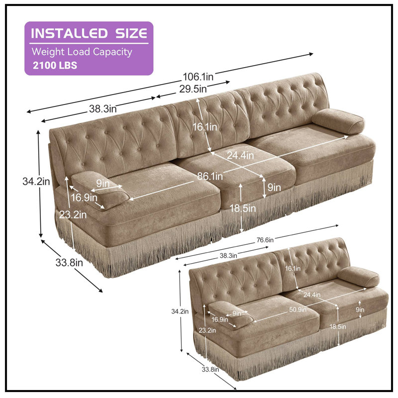 Upholstered Sofa, Velours brun clair