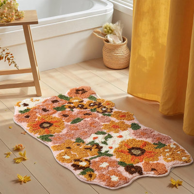 Wildflower Floral Bathroom Rug - Cute Tufted Non Slip Soft Flower Shaped Bath Mat, Washable Farmhouse & Cottagecore Bathroom Decor - Aesthetic Orange Rug For Vanity, Tub, Entryway