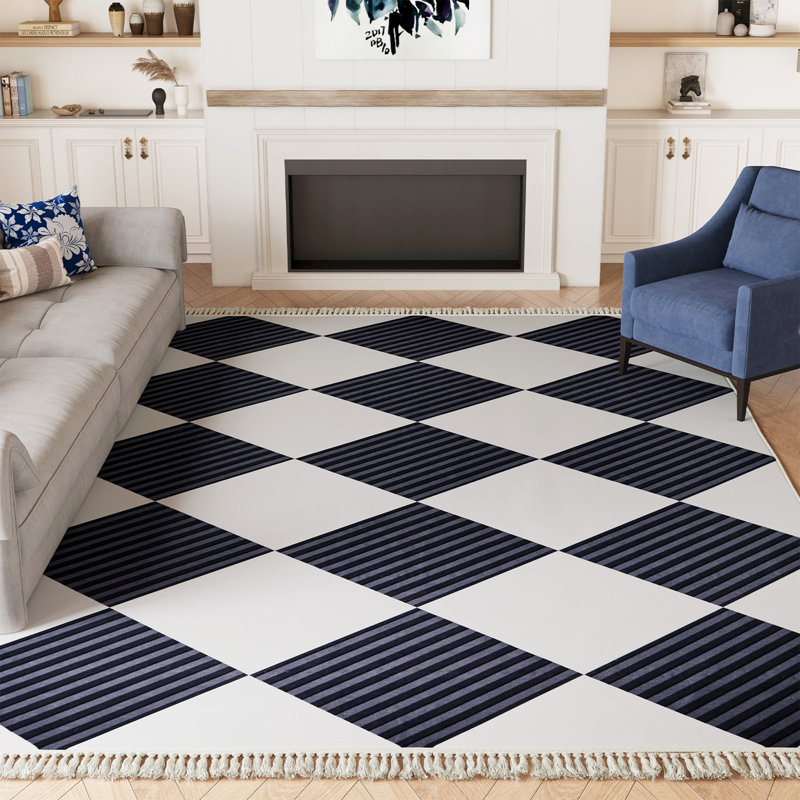 Simple Fresh Square Pattern Non-Slip Bottom Cotton Fabric Retro Senior Black Carpet Fringed Area Rug, Rectangle 2'9" x 4'9"