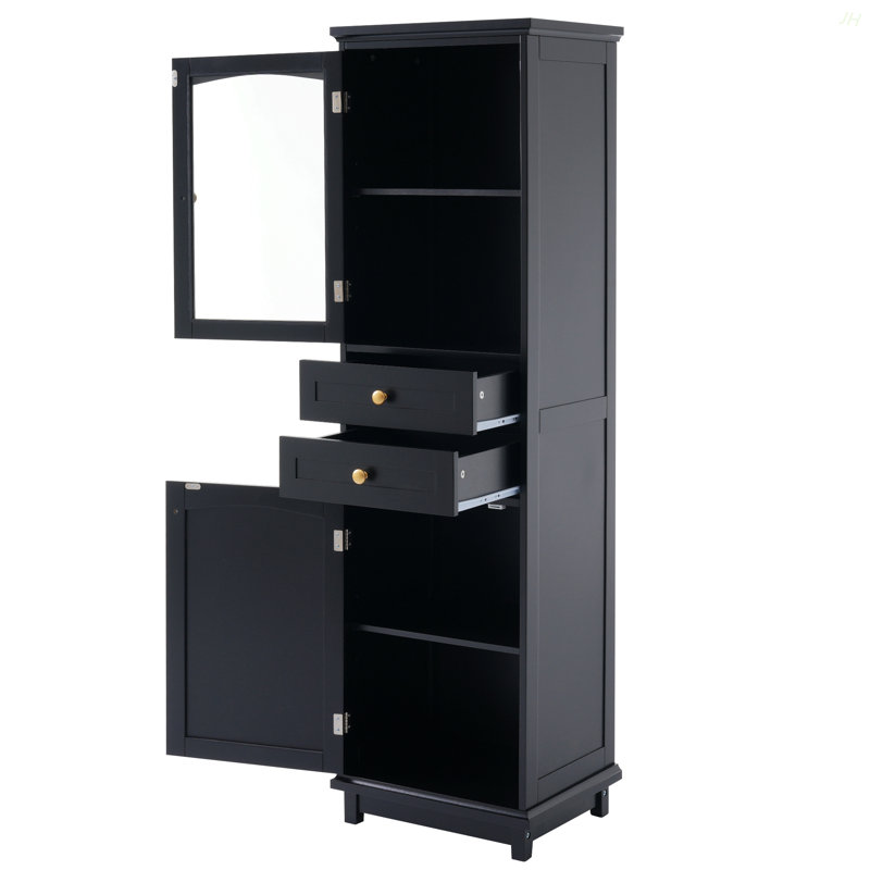 Armoire de rangement de 63 po de hauteur avec portes en verre, autoportante, deux tiroirs et tablettes réglables, panneau de fibres à densité moyenne, peint en noir - pour exposer vos articles préférés