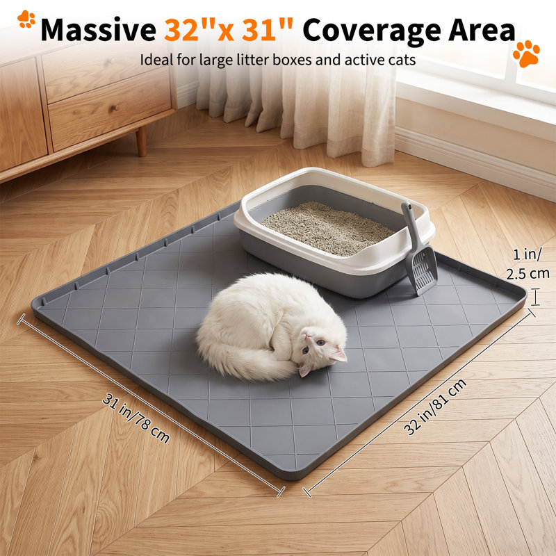 Tapis de litière extra large en silicone (81 x 79 cm), imperméable et anti-fuites, avec bords surélevés, facile à nettoyer, pour protéger le sol des bacs à litière, des zones d'alimentation et des chats, gris.