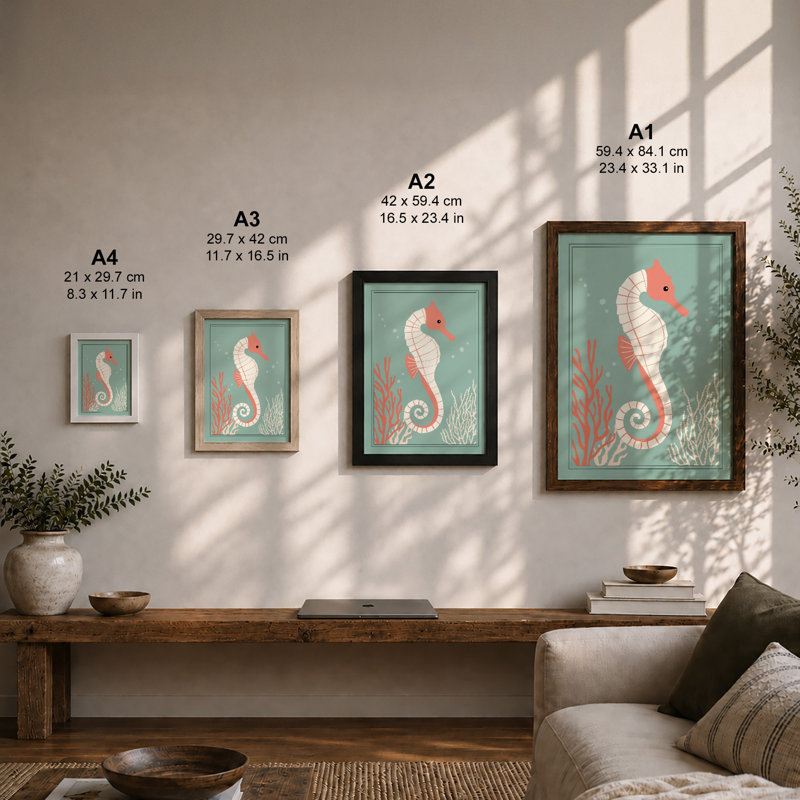 Graceful Seahorse Coastal - Framed Print, A1 - 84.1 x 59.4 cm, White