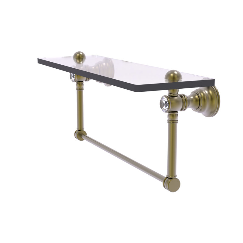 Freyja Glass Bracket Shelf with Towel Bar, 5.54" H x 16" W x 7" D, Antique Brass