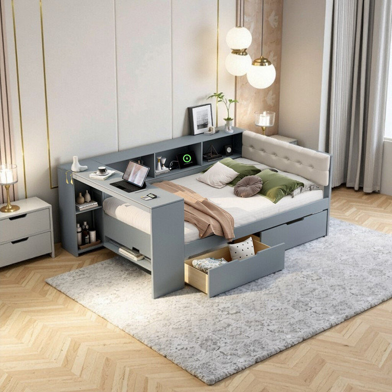Lit plateforme double avec tête de lit rembourrée, tablettes de rangement, tiroirs et station de recharge USB L 88,3 po x l 65,1 po