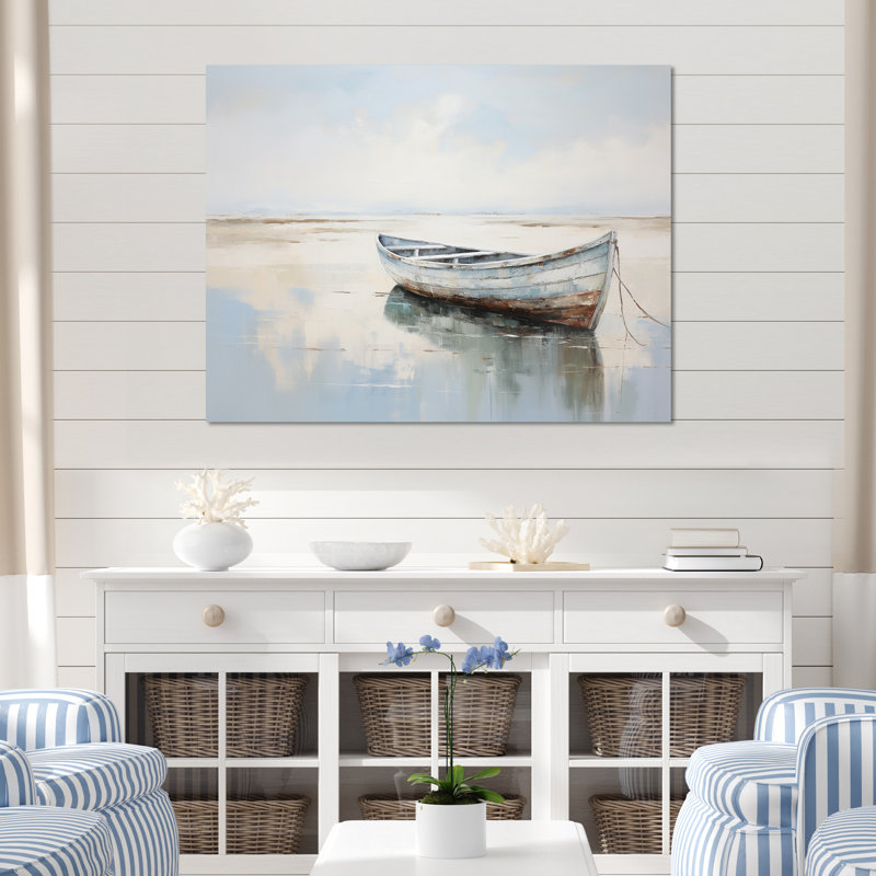 Bleu et blanc, petit bateau au bord du lac I - impression sur toile, H 34 po x l 44 po x P 1,5 po, Toile tendue
