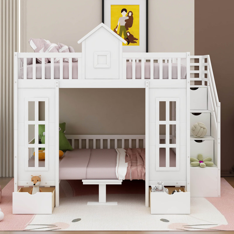 Kids Bunk Bed with Drawers, Full over  Full, White