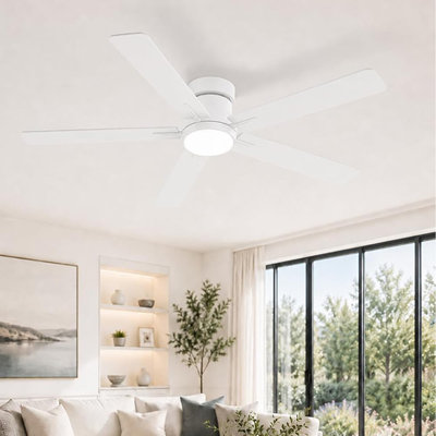 52" Ceiling Fan with Light, Modern White Flush Mount Ceiling Fan with Controller, 5-Blade Low Profile Fan for Bedroom, Living Room & Covered Outdoor Spaces