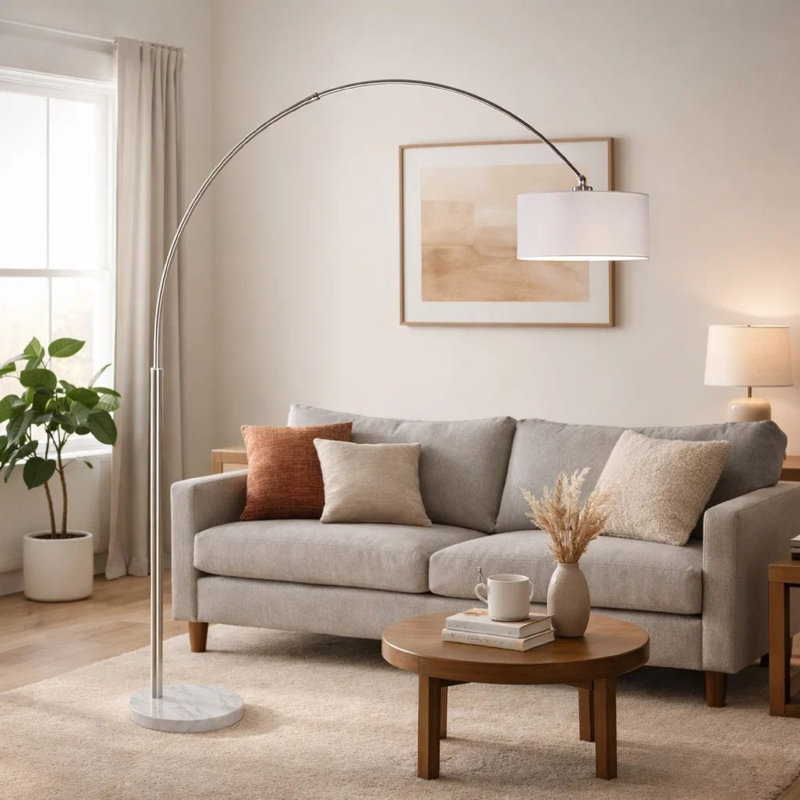 Lampe sur pied arquée avec bras réglable, abat-jour blanc, base en marbre, 81 po