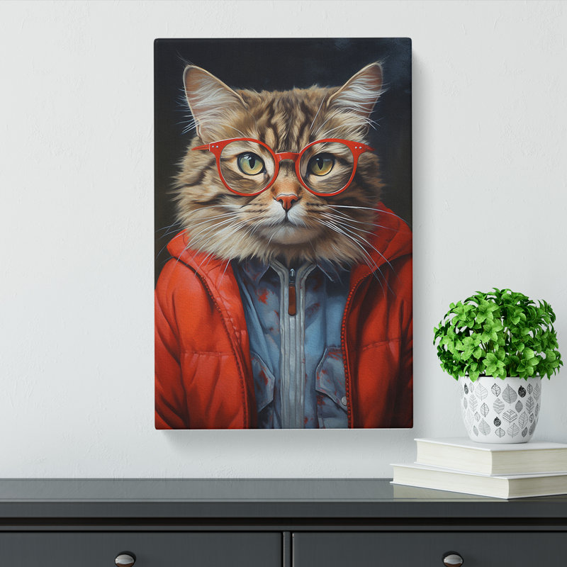 Cat with Glasses Painting No.3 - Wrapped Canvas, 76cm H x 50cm W x 3cm D