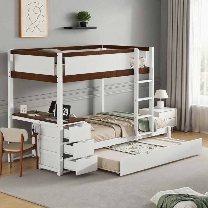 Clean Silhouette Solid Wood Bed Frame Compact Storage Sleeper Bunk Bed with Trundle and Desk Crisp White and Walnut