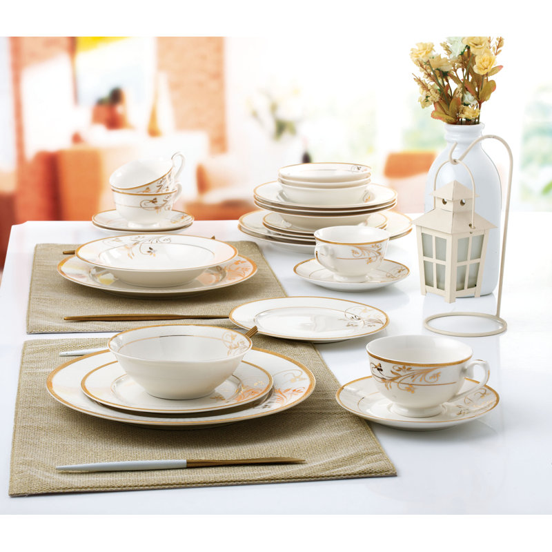 Rosalia Gold Floral Embossed Bone China Dinnerware Set, Service for 4