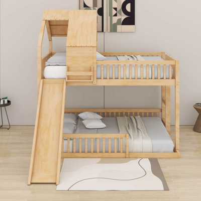 Lit superposé avec glissade et échelle intégrée, structure de lit superposé avec plancher en bois et support de lattes