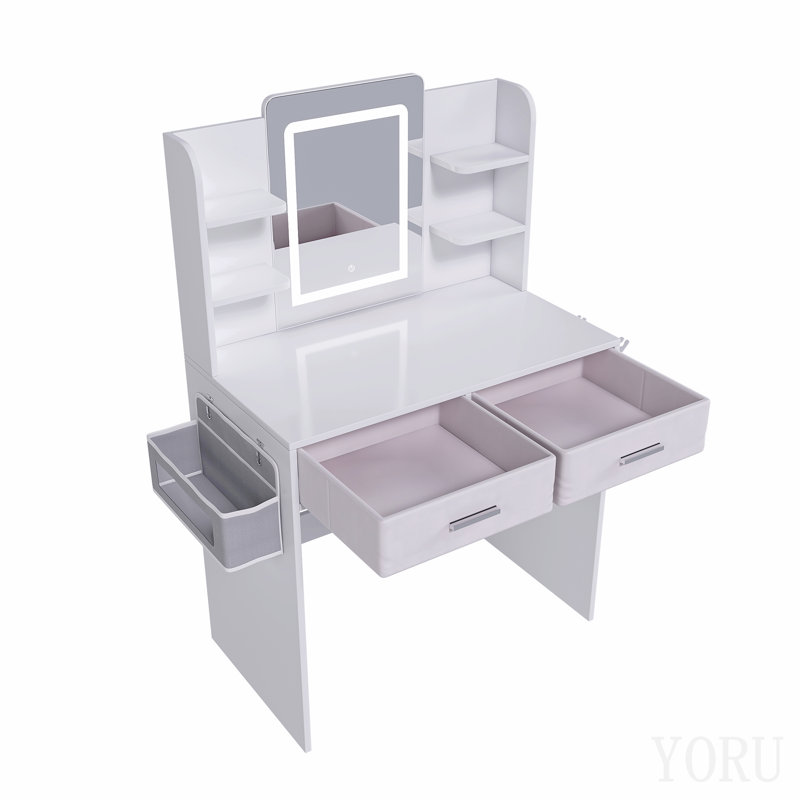 Coiffeuse à miroir à DEL avec lumières pour femmes et filles - bandes lumineuses réglables 3 couleurs, 2 grands tiroirs, support pour séchoir à cheveux et sac de rangement non tissé, mobilier de bureau de maquillage