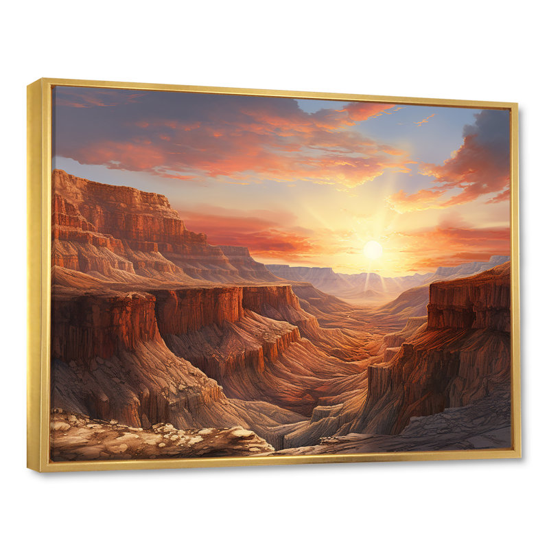 Coucher de soleil dans le canyon - salon d'art mural Canyon, H 34 po x l 44 po, Gold Picture Framed