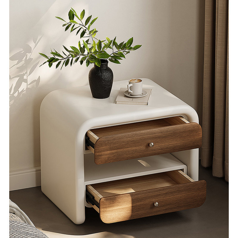 Simple Double-Drawer Bedside Table With Curved Frame And Open Compartments, Suitable For Bedrooms