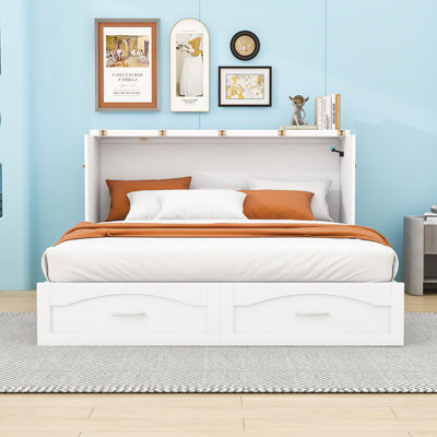Grand lit escamotable mural 2 tiroirs avec prises de courant, poulie et ports USB