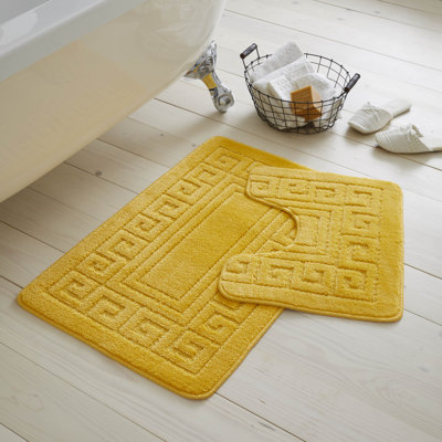 2 Piece Bathroom Rug Set Greek Key Pattern Bath Mat & Pedestal Mat Non Slip Rubber Back Soft Absorbent Mats