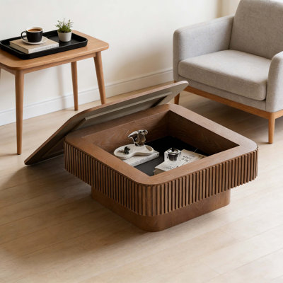 Table basse 31,5 po carrée avec rangement Table d'appoint moderne en placage de bois massif pour salon, chambre à coucher, appartement ou bureau, noyer