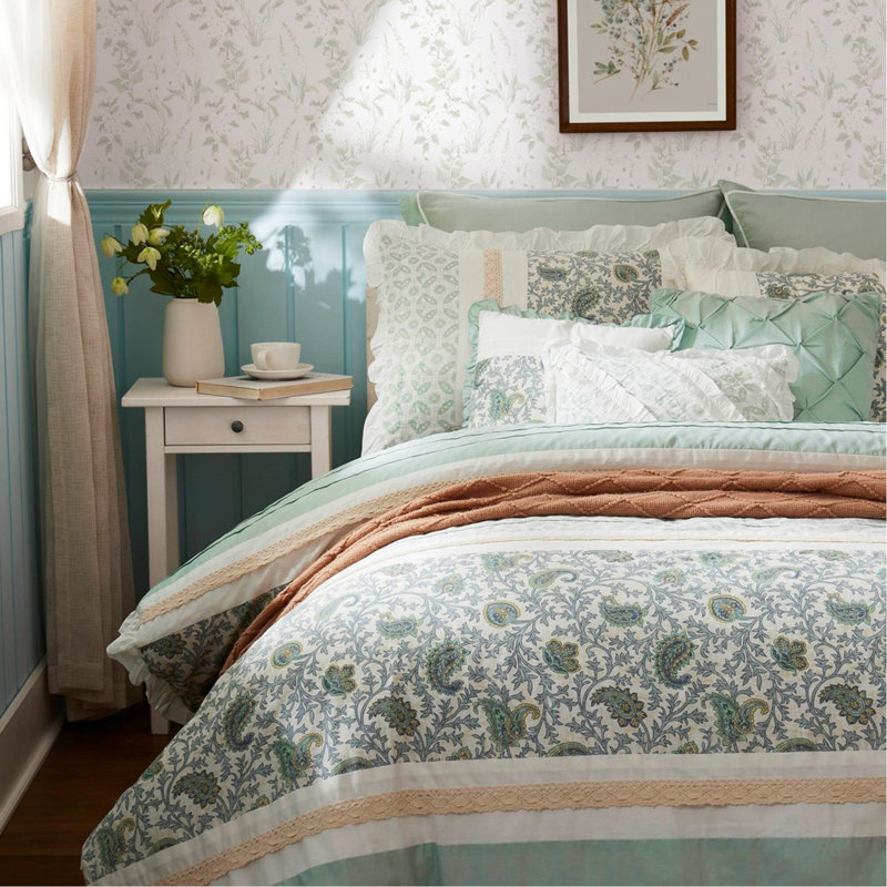 Bedding, Grand édredon et 8 pièces supplémentaires, Motif floral turquoise