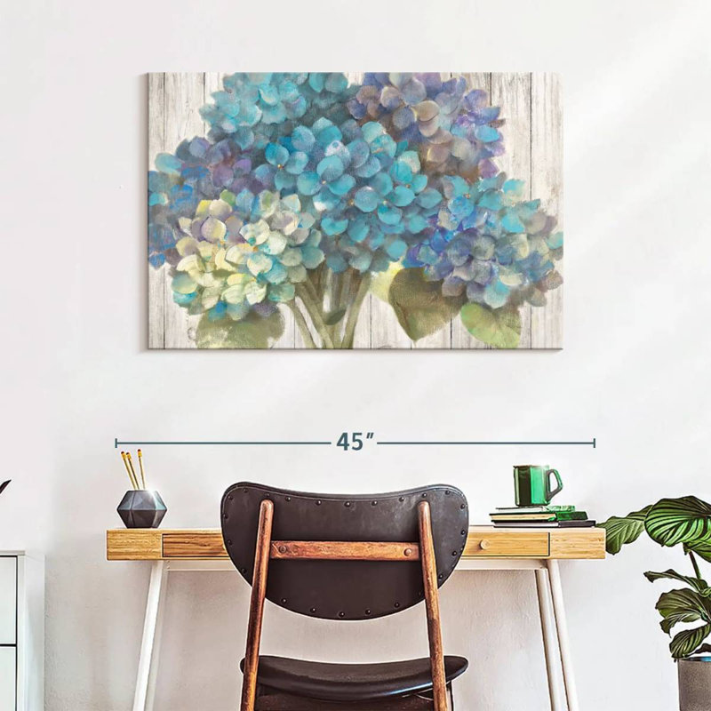 Harnek Turquoise Hydrangea On Barn Board, 26" H x 39" W