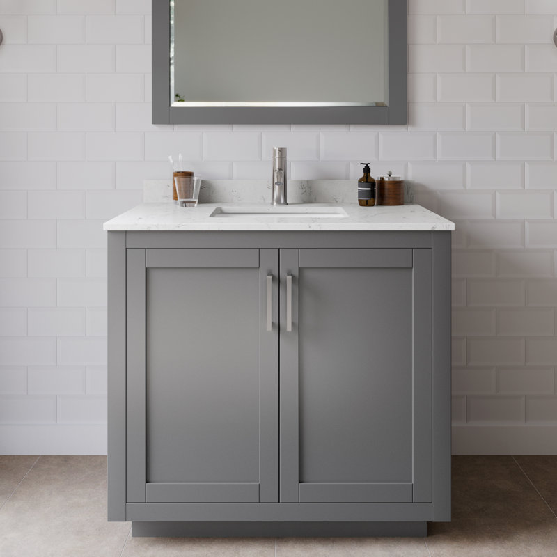 Miranda 36" Freestanding Single Bathroom Vanity with Cultured Marble Top, Brushed Nickel, Carrara Cultured Marble, Dark Gray