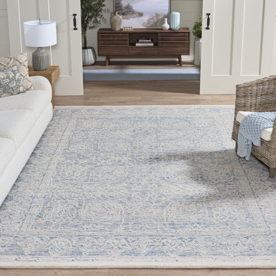 Tapis bleu / ivoire en coton et laine touffetés à la main Kayllie